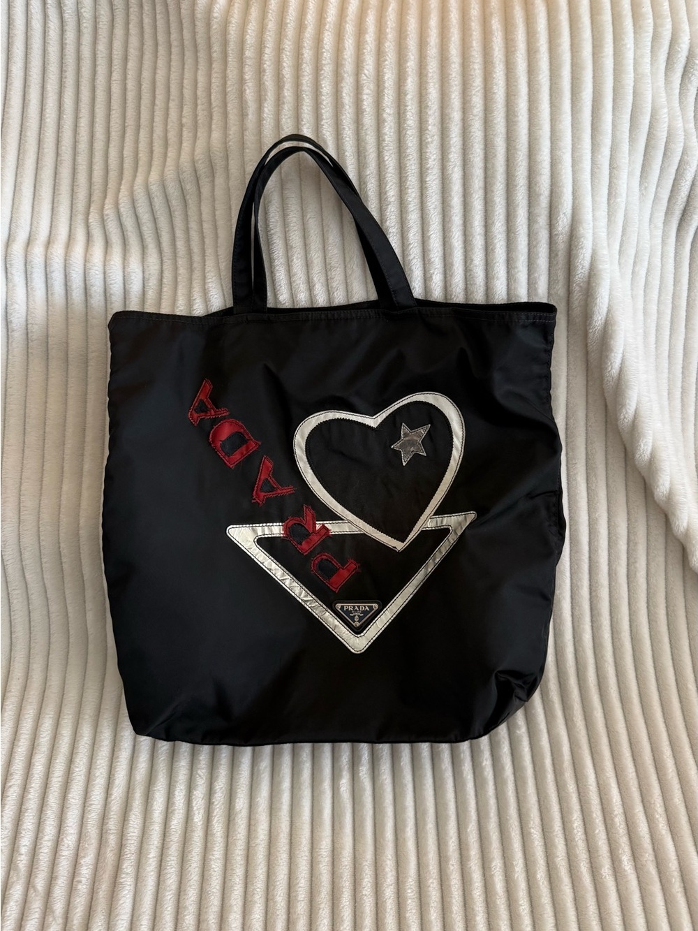 Prada Black Nylon Tote with Red Logo Accents and Silver Trim